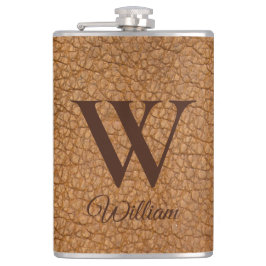 Classy Mit Monogramm Initial Brown Imitats Leather Flachmann