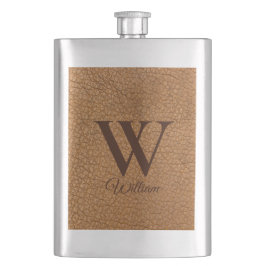 Classy Mit Monogramm Initial Brown Imitats Leather Flachmann