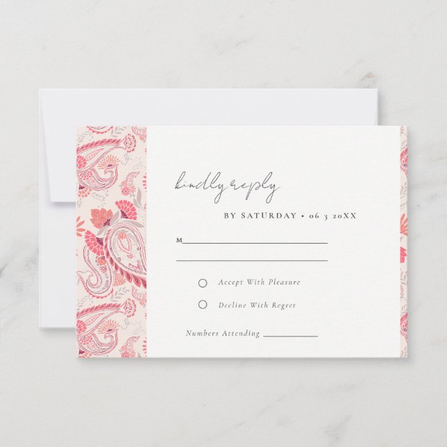 Classy Modern Blush Paisley Typografy Wedding RSVP Karte (Vorderseite)