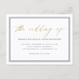 Classy Nautical Navy Blue & Gold Script Wedding Einladungspostkarte