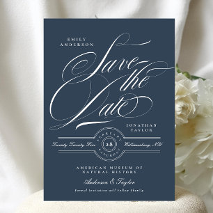 Classy Navy Blue Elegant Calligraphy Non-Foto Save The Date
