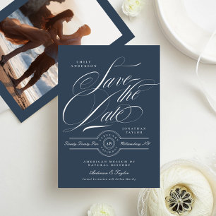Classy Navy Blue Elegante Calligraphy Foto Back Save The Date