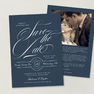 Classy Navy Blue Elegante Calligraphy Foto Save The Date