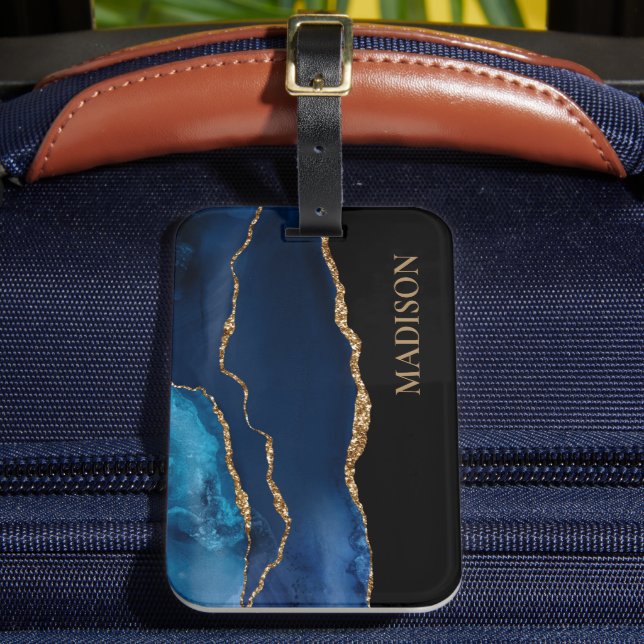 Classy Navy Blue Gold Glitzer Black First Name Gepäckanhänger (Vorderseite Insitu 2)