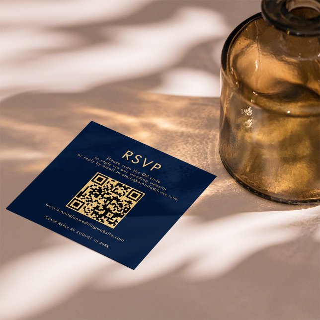 Classy Navy Blue Gold QR Code Hochzeit RSVP Begleitkarte (Von Creator hochgeladen)