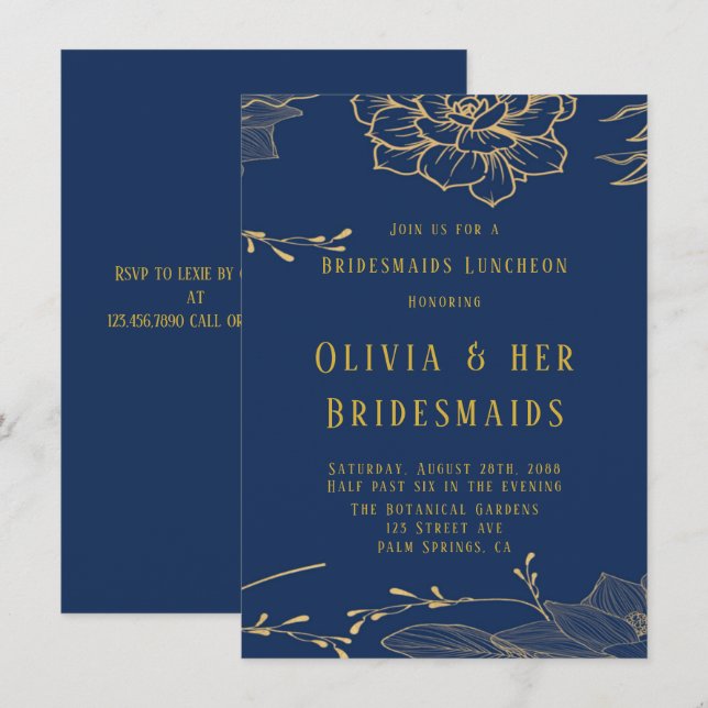 Classy Navy Blue Gold Rachel Bridesmaids Luncheon Einladung (Vorne/Hinten)