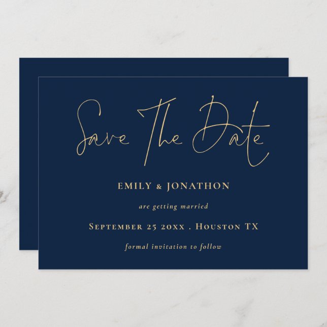 Classy Navy Blue Gold Script Save The Date (Vorne/Hinten)