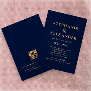 Classy Navy Blue Gold Text QR Code Hochzeit Einladung