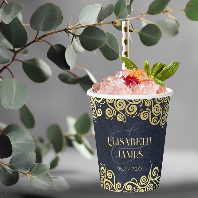 Classy Navy Blue Gold Wirbel Hochzeit ausgezeichne Pappbecher (Von Creator hochgeladen)