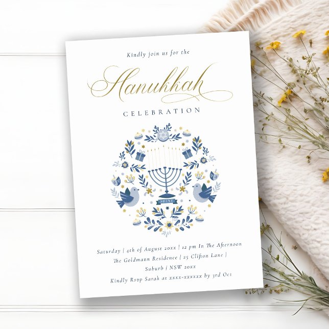 Classy Navy Blue Hanukkah Floral Party Einladung (Von Creator hochgeladen)