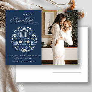 Classy Navy Blue Happy Hanukkah 1 Foto Floral Feiertagspostkarte