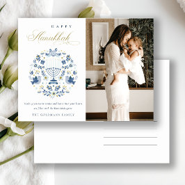 Classy Navy Blue Happy Hanukkah 1 Foto Floral Feiertagspostkarte
