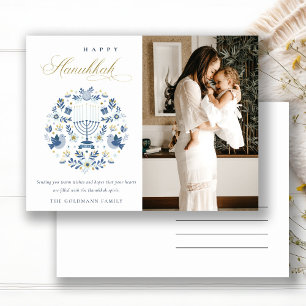 Classy Navy Blue Happy Hanukkah 1 Foto Floral Postkarte