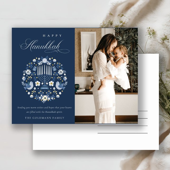 Classy Navy Blue Happy Hanukkah 1 Foto Floral Postkarte (Von Creator hochgeladen)