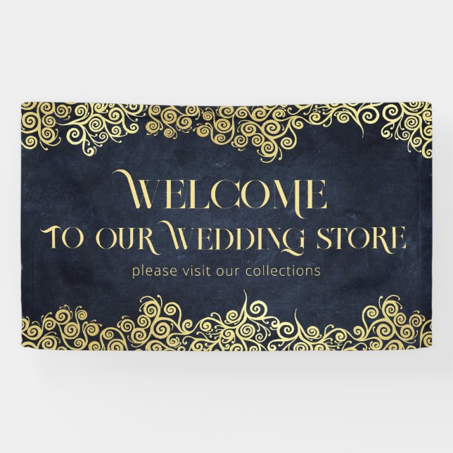 Classy Navy Blue und Gold Boho Wirbel Hochzeit Banner (Horizontal)