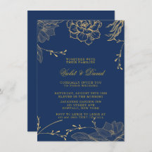 Classy Navy Blue und Gold Florals Wedding Invitati