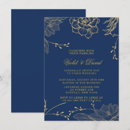Classy Navy Blue und Gold Florals Wedding Invitati Einladung