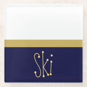 Classy Navy Blue White Color Block Fun SKI Text Glasuntersetzer
