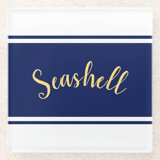 Classy Navy Blue White Stripes "Seashell" Script Glasuntersetzer (Vorderseite)