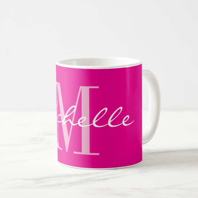 Classy neon pink name monogram coffee mug kaffeetasse (VorderseiteRechts)