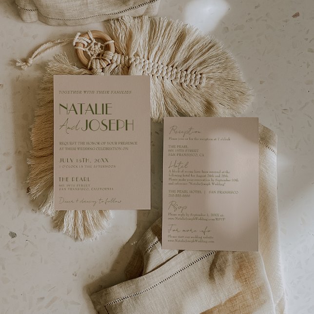 Classy Olive Green Fancy Retro All In One Wedding Einladung (Von Creator hochgeladen)