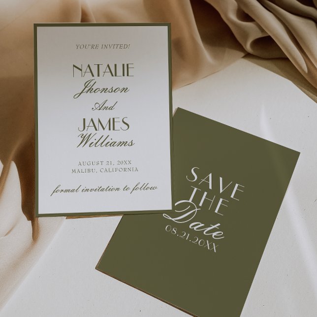 Classy Olive Green Old Money Classic Boho Wedding Save The Date (Von Creator hochgeladen)