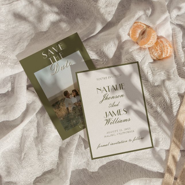 Classy Olive Green Old Money Classic Photo Wedding Save The Date (Von Creator hochgeladen)