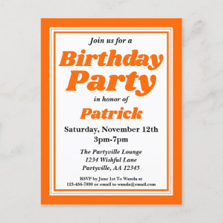 Classy Orange Adult Birthday Party Einladungspostkarte