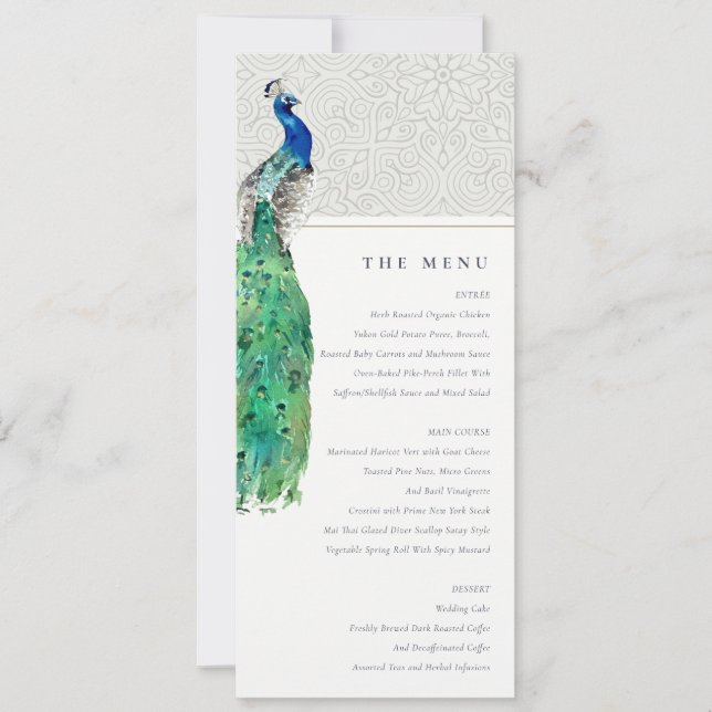 Classy Ornate Watercolor Peacock Wedding Menu Card Einladung (Vorderseite)
