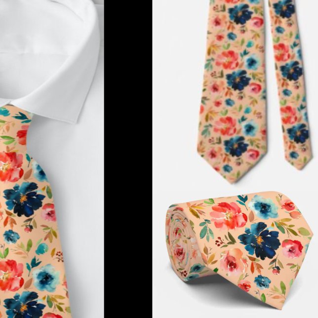 Classy Peach Pink Blue Watercolor Rose Neck Tie Krawatte (Von Creator hochgeladen)