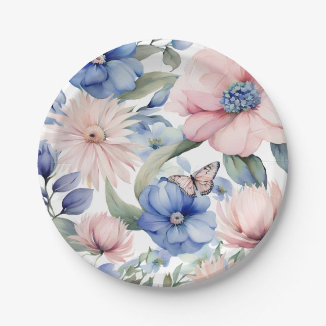 Classy Pink & Blue Blume Bunch Pappteller (Vorderseite)
