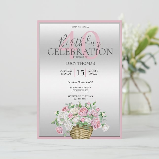 Classy Pink Blume Bouquet Dekoration Geburtstag Einladung (Stehend Vorderseite)