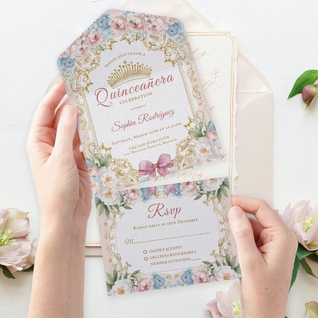 Classy Pink Bow Floral Quinceañera All In One Einladung (Classy Pink Blue Floral Quinceañera All In One Invitation)