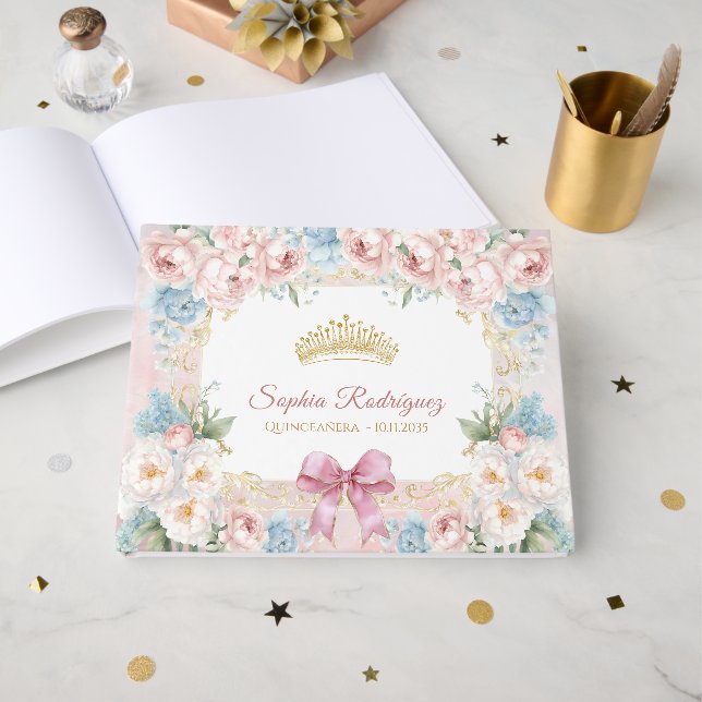 Classy Pink Bow Floral Quinceanera Custom Gästebuch (Vorderseite Offen)