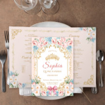 Classy Pink Bow Floral Quinceanera Programmkarte