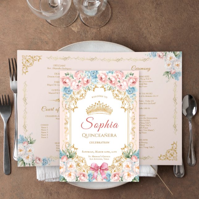 Classy Pink Bow Floral Quinceanera Programmkarte Ankündigung (Classy Pink Blue Floral Quinceanera Program Card)