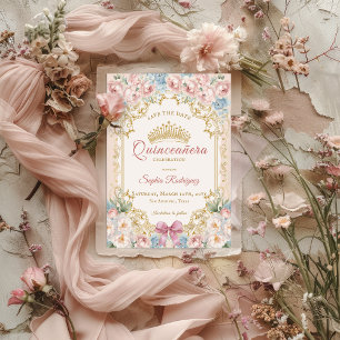 Classy Pink Bow Floral Quinceanera Save the Date Ankündigung