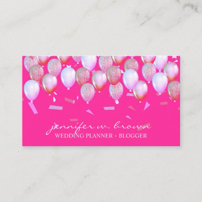 Classy Pink Confetti Flying Balloon Party Style Visitenkarte (Vorderseite)