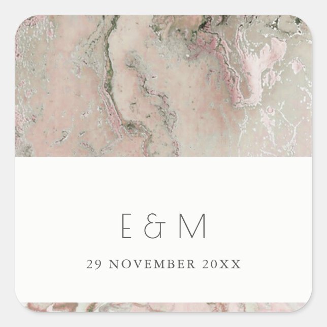 CLASSY PINK DUSKY ROSE GOLD AGATE MONOGRAM WEDD QUADRATISCHER AUFKLEBER (Vorderseite)