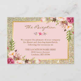 Classy Pink Floral Gold Glitzer Hochzeitsempfang Begleitkarte