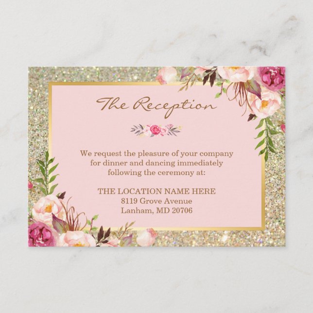 Classy Pink Floral Gold Glitzer Hochzeitsempfang Begleitkarte (Vorderseite)