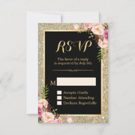 Classy Pink Floral Gold Glitzer Sparkling UAWG RSVP Karte