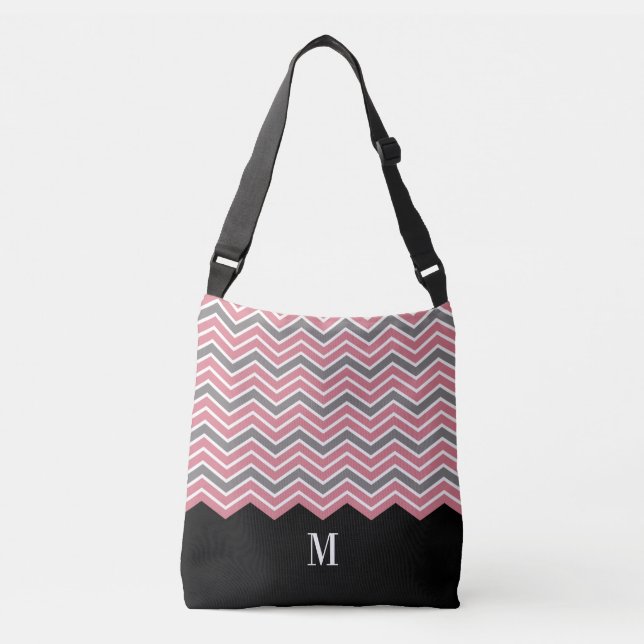 Classy Pink Gray Zickzack Monogram Tragetaschen Mit Langen Trägern (Vorderseite)