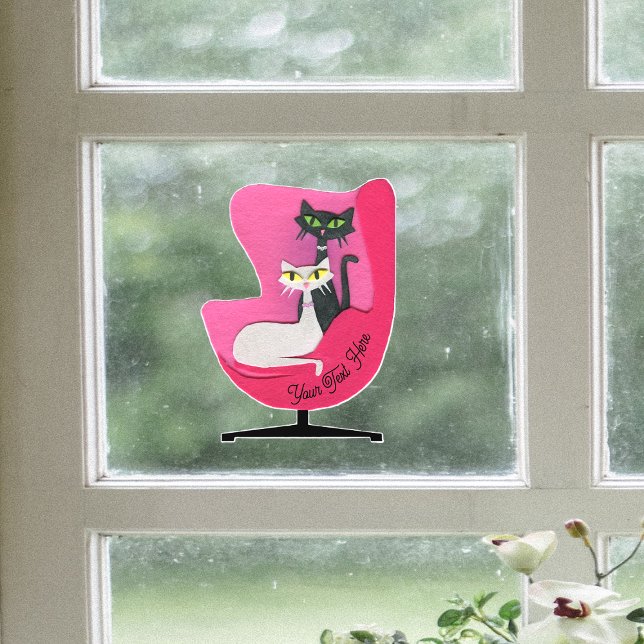 Classy Pretty Atomic Cats in Bright Pink Chair Fensteraufkleber (Two class pretty atomic cats in mid centruy pink chair on window cling decoration.)