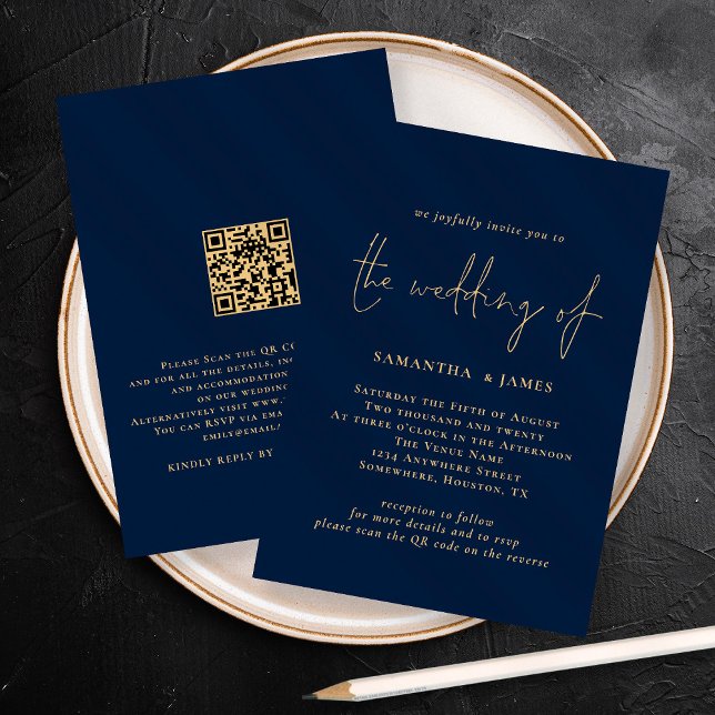 Classy QR Code Gold Navy Einladung zur Hochzeit (Von Creator hochgeladen)