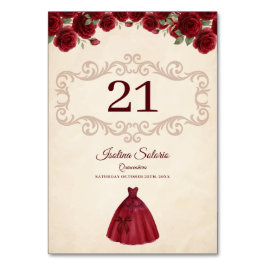 Classy Quinceanera Red Roses Floral Burgundy  Tischnummer