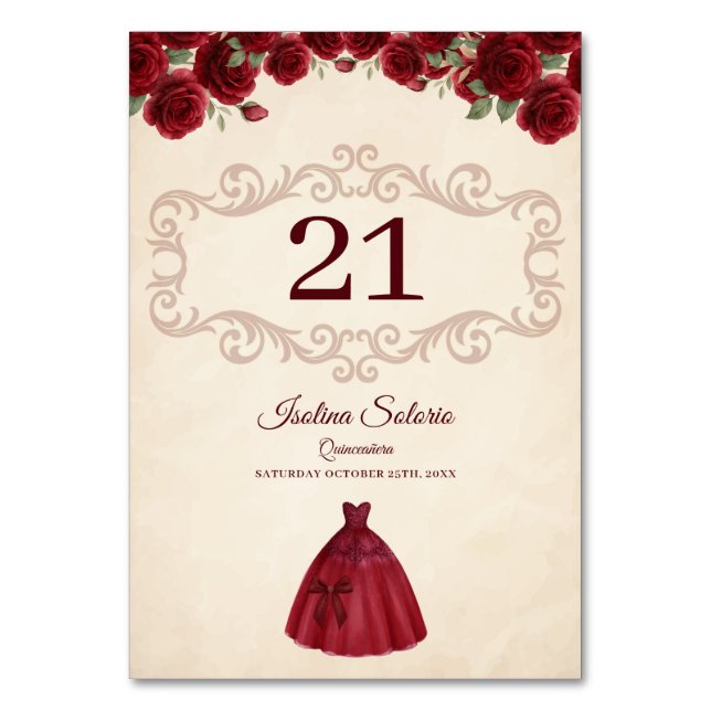 Classy Quinceanera Red Roses Floral Burgundy  Tischnummer (Vorderseite)