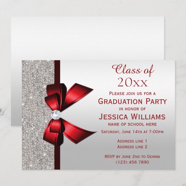 Classy Red Gem Bow, Silver Sequins Abschluss Einladung (Vorne/Hinten)