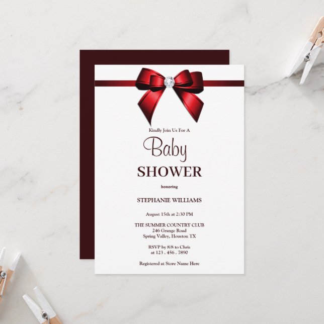 Classy Red Jewel Bow Baby Dusche Einladung (Vorderseite/Rückseite Beispiel)