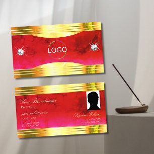 Classy Red Marble Shiny Gold Border Logo und Foto Visitenkarte